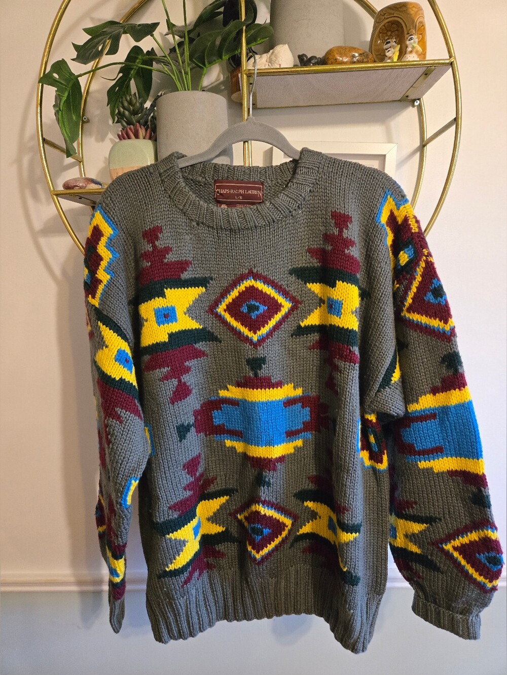 Vintage 90s Chaps Ralph Lauren Hand Knit Wool Southwestern Sweater L